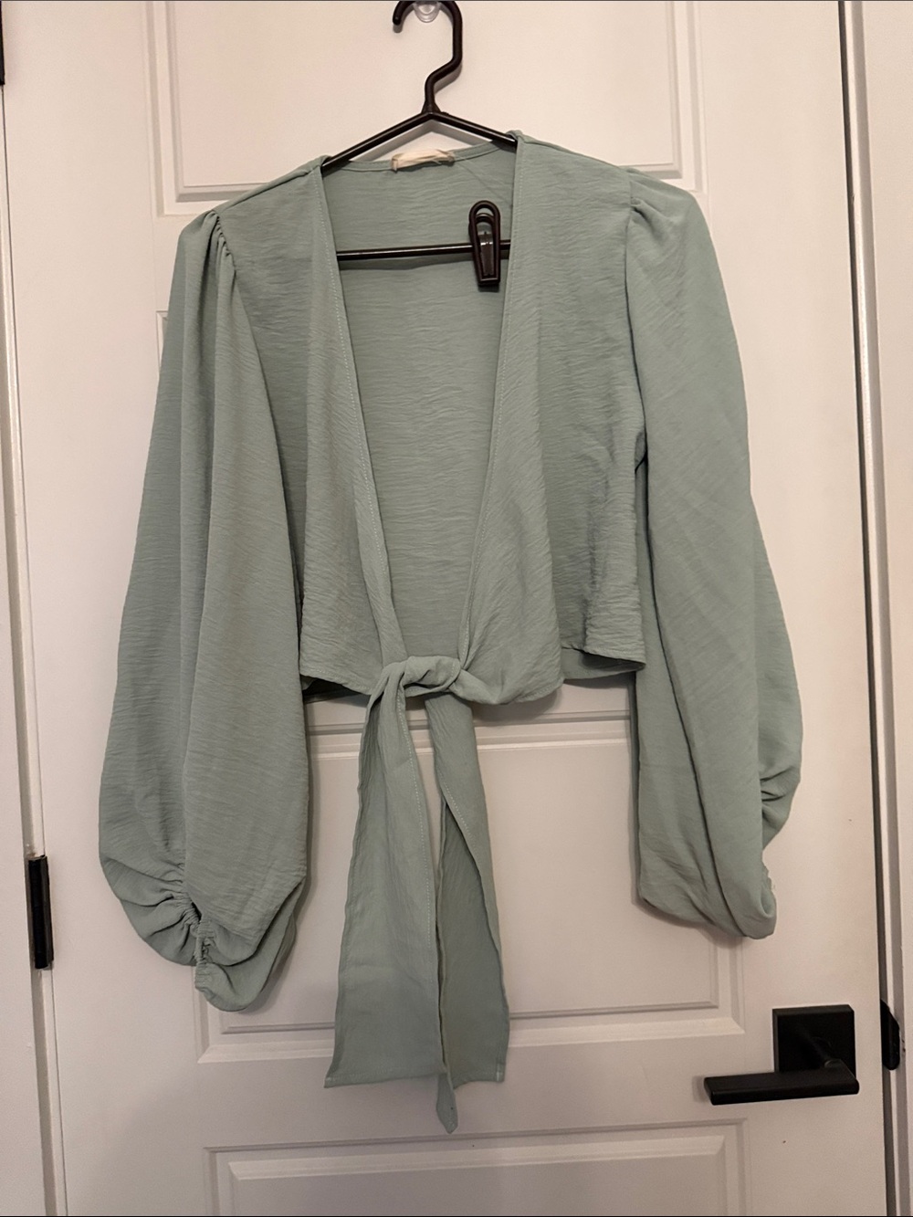 Altar'd State Sage Green Tie-Front Puff Sleeve Blouse